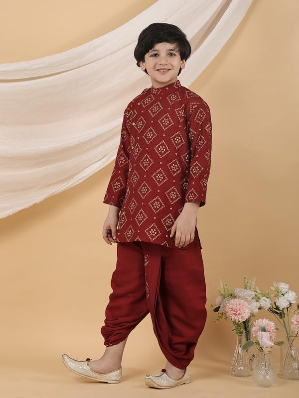 Image of superminis Boy's Golden Foil Printed Side Open Cotton Kurta, Round Collar, Full Sleeves Ethnic Wear Dhoti Kurta Set