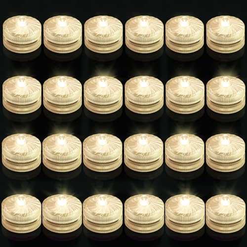 Submersible LED Light, Warm White Waterproof Flameless Candle Tealights, Underwater Pool Lights for Vases Weddings Table Centerpieces Festivals Events Parties Christmas Decor(24 Pack)