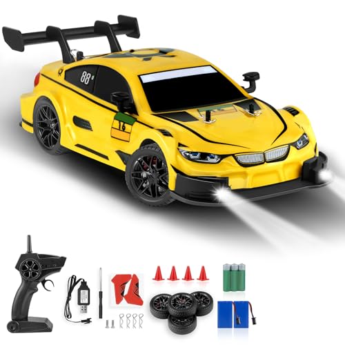 PANKQQ RC Drift Car, 1:16 Scale Drifting Cars2.4GHz 4WD RC Race Car, 40km/h High-Speed Remote Control Drift Cars Vehicle, Racing Sport for Boys Girls Kids - 2 USB Rechargeable Batteries (Yellow)
