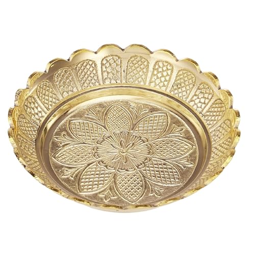 Image of Mkd2 Rise Brass Puja Round Thali /Bhog Thali /Puja Plate for Worship, Flower-Engraved Design (Brass, Gold Colour, 6 Inches)