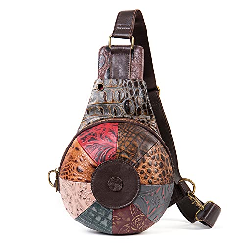 FANDARE Umhängetasche für Damen aus Echtleder-Patchwork, wasserdichte Crossbody-Tasche mit verstellbarem Breiten Gurt, stylischer Messenger Rucksack für Frauen Mehrfarbig