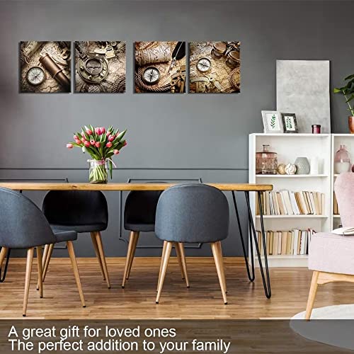 Wall Hdq Vintage Nautical Map Wall Art Compass Painting Antique Telescope Maps Pocket Watch Canvas Wall Decor For Bedroom Living Room Bathroom Decoration Framed Artwork Prints Pictures (12"X 12"X4) #TOP4