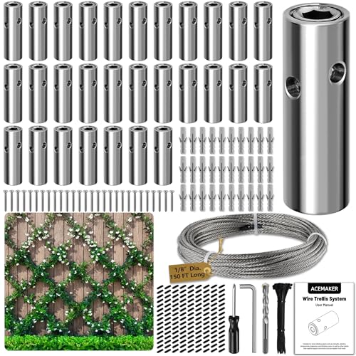 Acemaker Wire Trellis for Climbing Plants Outdoor, 30-Set Wall Wire Trellis Kit with 1/8in x 150ft Stainless Steel Cable, T316 Cylindrical Espalier System for Fence and Garden DIY Projects