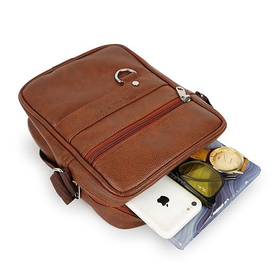 Image of Leather Mens Sling Bag Small Size for Travel, Crossbody Shoulder Bag for Men, Compact Chest Bag with Adjustable Strap, Stylish Mini Side Bag for Daily Use, Office & Outdoor (Royal Brown, Medium)