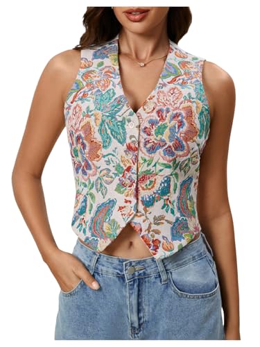 MakeMeChic Women's Boho Western Vest Tops Floral Embroidery Sleeveless V Neck Button Down Jacket Waistcoat