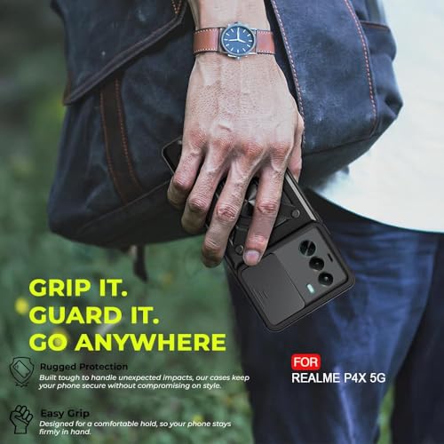 Image of AIBEX Back Cover Compatible for OnePlus Nord CE 6 Lite 5G / Realme P4X 5G | D10 Tough Armor Case | Sliding Camera Shield | 360 Protection | Kickstand Ring Holder | Military-Grade Bumper Case - Black