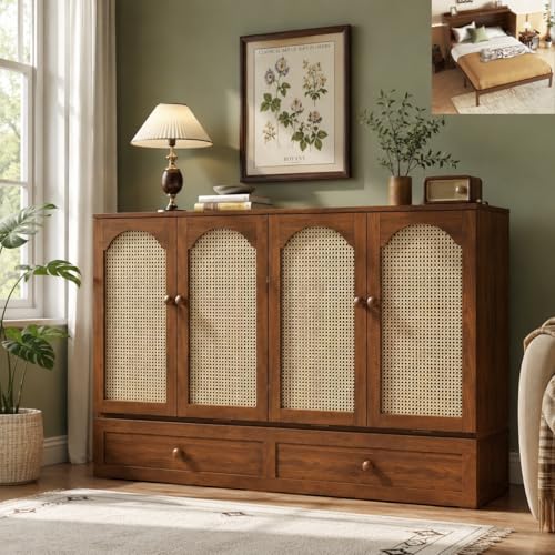 KEIKI Queen Size Murphy Bed Cabinet with Charging Station, Pine Wood Foldable Cabinet Bed with Rattan Panels & Storage Drawer, Space Saving Guest Bed Frame for Living Room, No Mattress, Walnut
