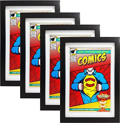 Memory Keeper Comic Book Frame,4 Pack,Ultraviolet UV Protection, Fits Current Comics up to 6 3/4 inch x 10 1/4 inch, Wall or Tabletop Display,Spring Clips (Black Frame White Mat, 4)