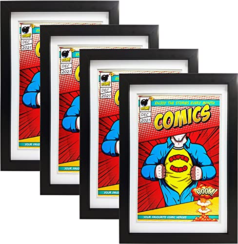 Memory Keeper Comic Book Frame,4 Pack,Ultraviolet Uv Protection, Fits Current Comics Up To 6 3/4 Inch X 10 1/4 Inch, Wall Or Tabletop Display,Spring Clips (Black Frame White Mat, 4) #TOP1
