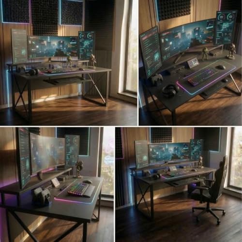 Image of FFo Gaming Desk | Music Studio Desk with Keyboard Tray | Workstation,Laptop PC Computer,Laptop PC Computer Table for Gaming & Home Office| (Black) | (150L x 60W x 87H CM) | DIY
