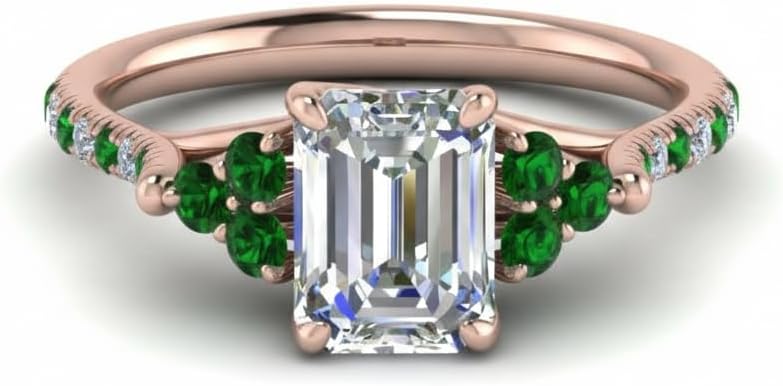 Choose Your Gemstone Emerald Cut Petite Cathedral Diamond CZ Ring Rose Gold Plated Emerald Shape Petite Engagement Rings for Women, Girls and Ladies US Size 4 to 12