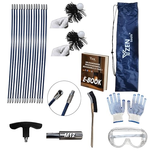Kit de ramonage poêle à granulés pellets 9m – hérisson 80 mm 100 mm PROKIT Complet + Ebook Inclus, 15 Cannes Flexibles (0,6 m), Adaptateur M12, Gants...