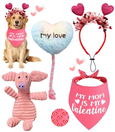 Swooflia 4 Pcs Pink Valentines Dog Toys - Cute Plush Squeaky Dog Toys, Cat Dog Scarf Headband for Puppy Pet to Keep Them Busy (Not for Big & Aggressive Chewer)