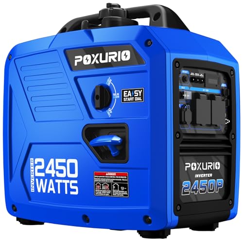 POXURIO 2450-Watt Portable Inverter Generator for Home Use, 1.6Gallon Large Fuel Tank Up to 8.3 Hours Use, 120V Gas Powered Generator Super Quiet - EPA Compliant, Sky Blue