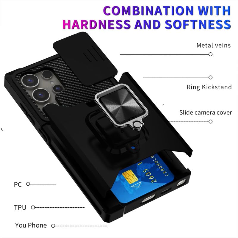 Image of LuxuryKase Shockproof Armor Case for Samsung Galaxy S24 Ultra | Slide Camera Cover | Hidden Card Slot | Rotating Ring Kickstand | Magnetic Car Mount Support | Military Grade Protection - Black
