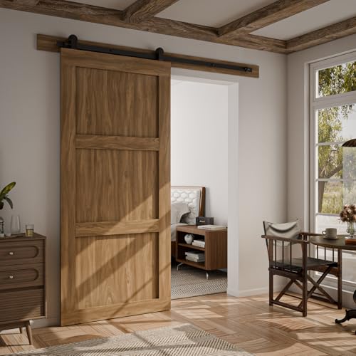 Image of CCJH 7FT Sliding Barn Door Hardware Kit, Heavy Duty, Smoothly and Silently, Easy to Install, Fit 42 inch Width Single Door Panel, T-Shaped Style Black