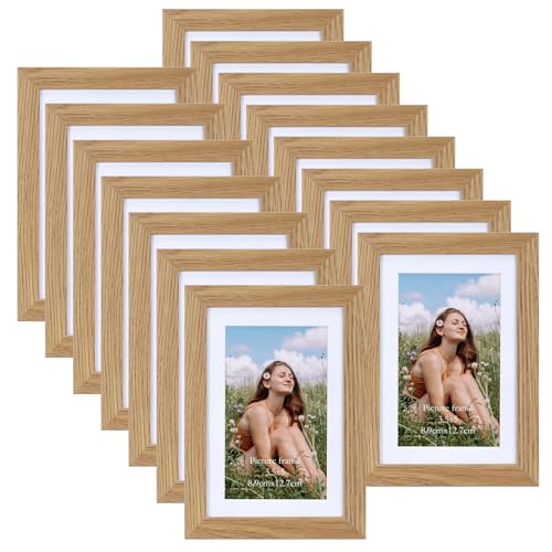 Vasemouh Set de 15 Marcos de Fotos, Marco de Foto sin Paspartú 10x15cm, con Paspartú 9x13cm, se Pueden Colocar en La Pared o en La Mesa(Color Madera).