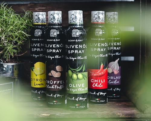SCAVI & RAY Olivenöl-Spray Olive 6 x 200 ml - Aromatisches Oliven-Würzöl aus Italien, Koch-Spray mit 3 Dosierstufen für Salate, Fisch & Antipasti, aromatisches Gourmet-Öl