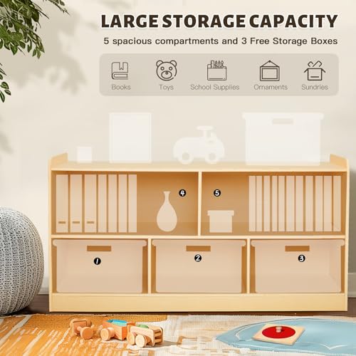 Montessori Shelf with Storage Boxes, Wooden Toy Storage Organizer for Books Toys, 2 Shelf Bookcase, 5-Section Storage Cabinet, Toddler Book Shelf for Kids Rooms, Playroom, Nursery, Kindergarten - Image 6