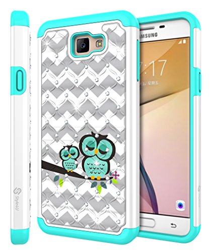 Galaxy On5 2016 Case, Style4U Cute Owl Shock Resistant Studded Rhinestone Crystal Bling Hybrid Armor Case Cover for Samsung Galaxy On5 G570 2016 Release with 1 Style4U Stylus [White/Teal]