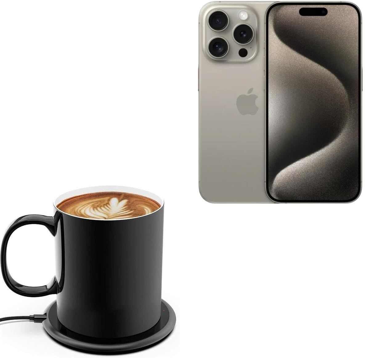 BoxWave Charger Compatible with Apple iPhone 15 Pro - HottieMug with Wireless PowerDisc Charger (15W), Qi Mug Warmer Coffee Desktop - Jet Black
