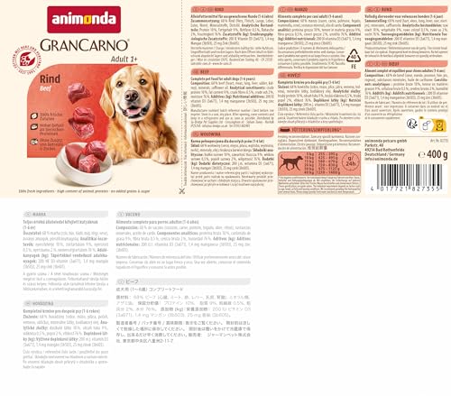 animonda GranCarno Hunde Nassfutter mit Rind pur (6 x 400 g), getreidefreies Hundenassfutter ohne Zucker, für ausgewachsene Hunde, mit frischen fleischigen Zutaten