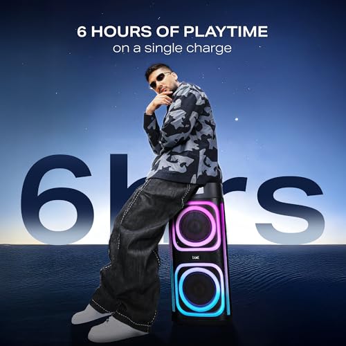 Image of Boat 2025 Launch PartyPal 700, 300W, Disco Ball, Karaoke Auto-Tune, Rechargeable UHF Wireless Mic, RGB LEDs, 6H Battery, Trolley-Wheels, Bluetooth Speaker, Karaoke mic with Speaker (Premium Black)