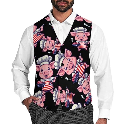 US Flag Pigs Chef BBQ Men's Suit Vests Business Formal Dress Vest V-Neck Waistcoat for Wedding Casual