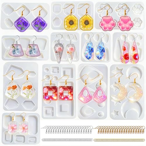 AQXYTK 92 Pcs 12 Pack Resin Jewelry Making Kit Silicone Earring Molds with Gold & Silver Hooks & Jump Rings Flexible Non-Stick Molds for Epoxy Resin Casting DIY Craft