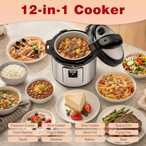 Image of Silver 8 Quart Pressure Cooker, 1200W Multi-Function Cooker with Saute, Steam, Yogurt & Sterilize Functions Dishwasher Safe & Secure Venting.