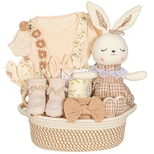 Newborn Baby Girl Gift,Baby Shower Gifts for Girls,Baby Girl Gifts Baskets with Headband,Bodysuit Set New Born Essential Stuff, Gender Reveal Ideas Infant New Born Baby Girls Gift Basket