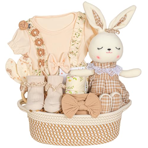 Newborn Baby Girl Gift Baby Shower Gifts for Girls Baby Girl Gifts Baskets with Headband Bodysuit Set New Born Essential Stuff Gender Reveal Ideas Infant New Born Baby Girls Gift Basket