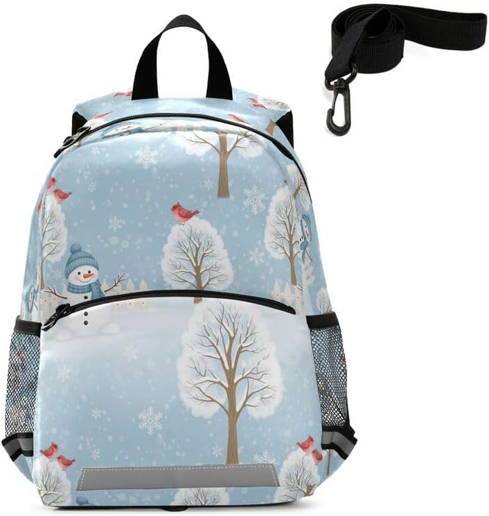 QUGRL Winter Snowman Gifts Toddler Backpack for Boys Girls Christmas Kids School Backpack with Chest Strap Leash Preschool Schoolbag Nursery Kindergarten Bag for Daycare Travel Hiking School