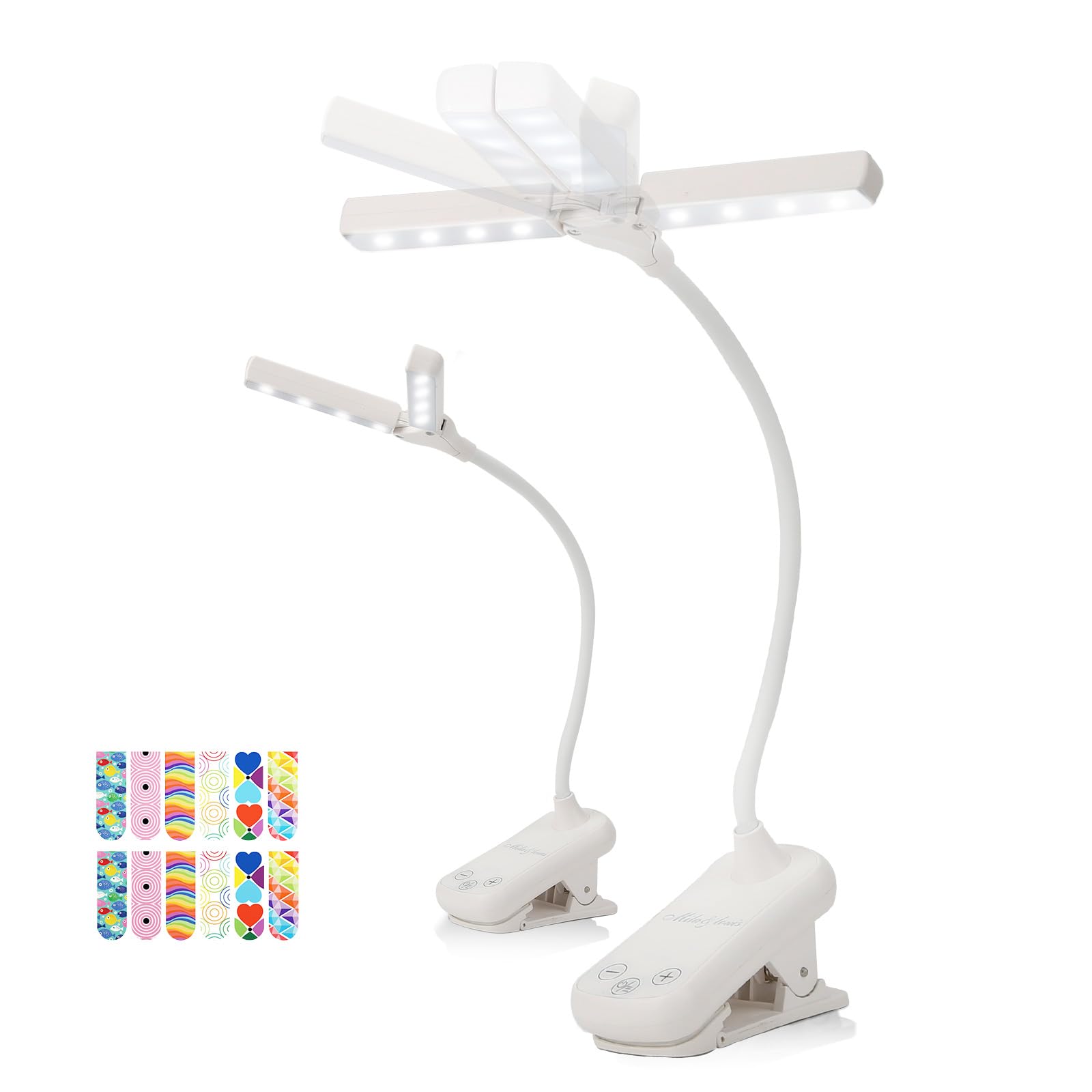 MILA&LOUIS leselampe buch klemme, klemmlampe bett, buchlampe 3 Farben 8 Hellness 2 Einstellbare Köpfe höhenverstellbar 10 bis 31.4 cm 2Pack Weiß
