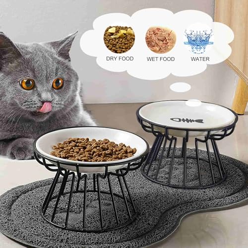 Image of Raised Cat Food Bowl, Ceramic Cat Dish with Metal Stand | Pet Water or Food Feeding Bowls for Indoor Cats, Kitten, Puppies and Small Dogs, Dishwasher Safe