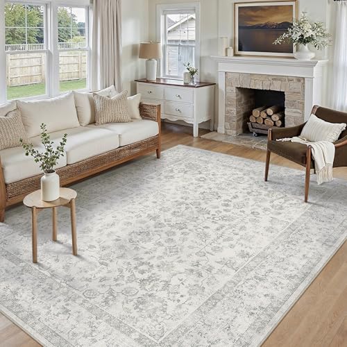 PureCozy Grau Teppich 200x300cm Wohnzimmer Vintage Waschbare Groß kurzflor rutschfest Weich Bumen Boho Retro Teppiche für Schlafzimmer Küchen Esszimmer Bedroom Living Room Büro