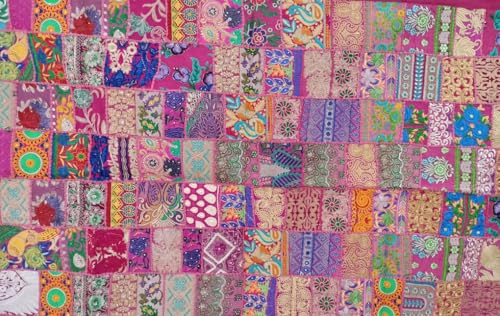 Image of Ekam Art Rajasthani Handmade Embroidery Cotton Patchwork Tapestry Cotton Wall Decor Hanging Beaded Tapestries 40 x 60 Inch (Pink)