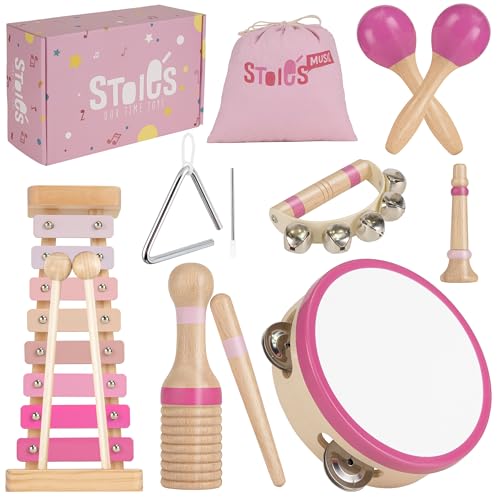 Stoie's Ensemble de Musique en Bois Pink Sensation, Instruments de Musique Montessori pour Tout-Petits avec Xylophone, Tambourin et Maracas, développement...