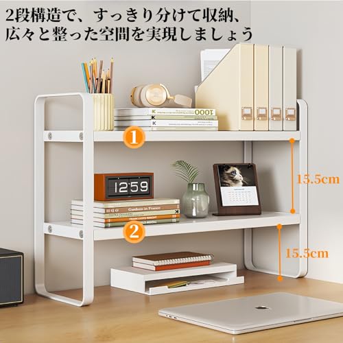 WoRefCra 卓上ラック 2段 デスクシェルフ 机上収納 卓上 棚 ミニラック デスク上収納ラック 組み立て簡単 省スペース オフィス/キッチン対応 ホワイトフレーム＋ナチュラルウッド天板 [3]