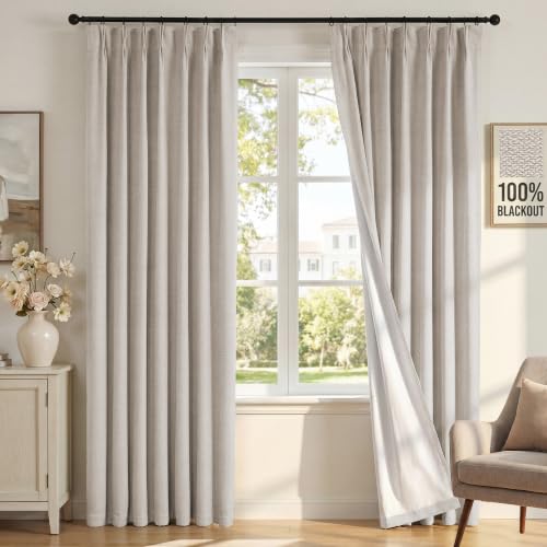 H.VERSAILTEX Natural Pinch Pleated 100% Blackout Curtains 90 Inches Long | Diamond Textured, Memory Trained, UV Light Blocking, Back Tab, Pleat Black Out Drapes for Bedroom Living Room, 2 Pa