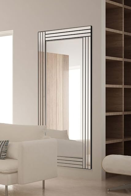 Large Silver Bevelled Modern All Glass Wall Mirror 5Ft8 X 2Ft9 174cm X 85cm