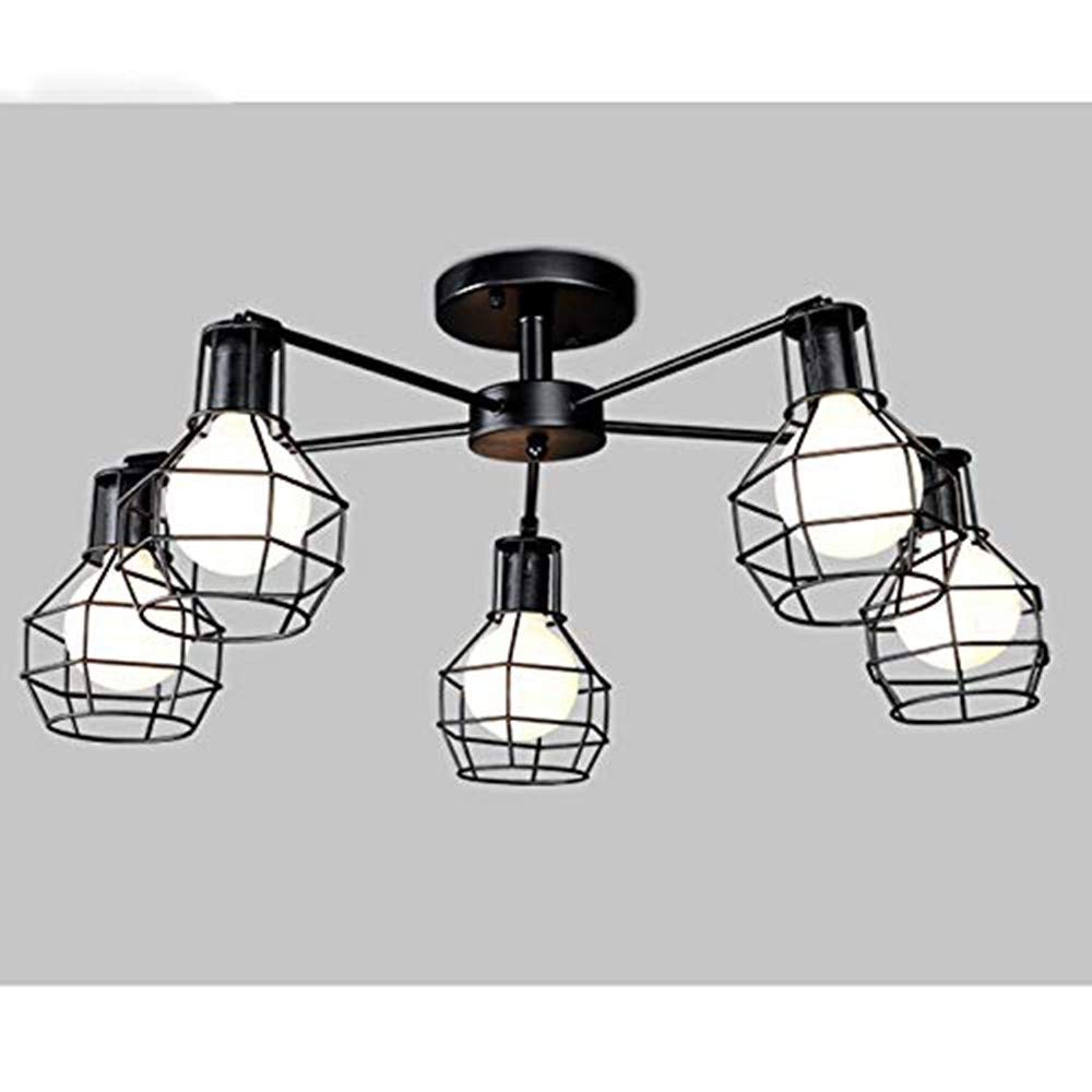 Ruanpu Industrial Semi Flush Mount Ceiling Light Adjustable Metal Hanging Fixture with 5 Lights Vintage Pendant Lighting with Metal Cage for Indoor, Black