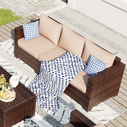 Udpatio 3-Seat Patio Wicker Sofa, Outdoor Rattan Sectional Couch Furniture Steel Frame W/Furniture Cover Non-Slip Cushion And Deep Seating High Back, Khaki #TOP4