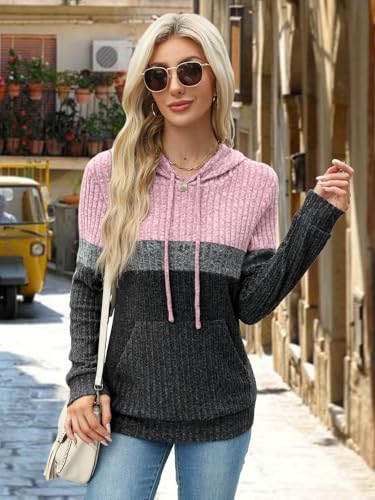 MixShe Women’s Color Block Knit Hoodie – Casual Long Sleeve Pullover Sweater Tops with Pocket