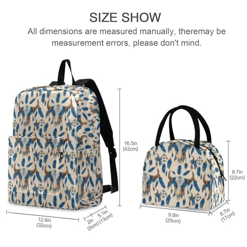 Bison Skulls Print Backpack Set with Lunch Bag, Large Capacity Travel Backpacks and Lunch Box Insulated for Commute Hiking Picnic2