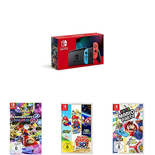 Nintendo Switch Konsole - Neon-Rot/Neon-Blau (2019 Edition) + Mario Kart 8 Deluxe [Nintendo Switch] + Super Mario 3D All-Stars [Nintendo Switch] + Super Mario Party - [Nintendo Switch]
