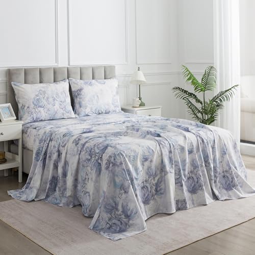 Image of Blue Floral Cozy House Percale Sheets Queen, 100% Cotton White Flower Deep Pocket Vintage Sheet Set, Abstract Aesthetic Soft Crisp Toile Bed Sheets, Shabby Chic Farmhouse Bedding, 4Pcs