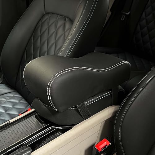 Image of Carigiri Comfirest Armrest Cushion for Car| Orthopedic Foam Cushion| Universal for All Cars| Armrest Support Extender| Armrest Height Extender(Double Stitching,Nappa Leatherette,Black with White Seam