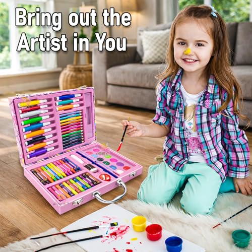 Image of WISHKEY 67 Pieces Art Set for Kids with Unicorn Theme Case, Art and Craft Supplies Kit for Drawing and Painting with Sketch Pen, Paint Colors, Brush, Color Pencils, Crayons (Pack of 1, Pink)