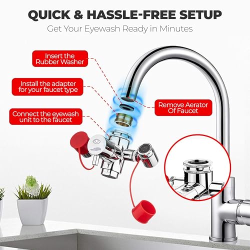 Image of Emergency Eye Wash Station Faucet Mount, Compact Eyewash Station - 1 Pack | 360 Rotatable, Includes Tags, Safety Sign, 3 Adapters - 11.4 L /min High Flow for Lab,Hospital & Industrial Safety